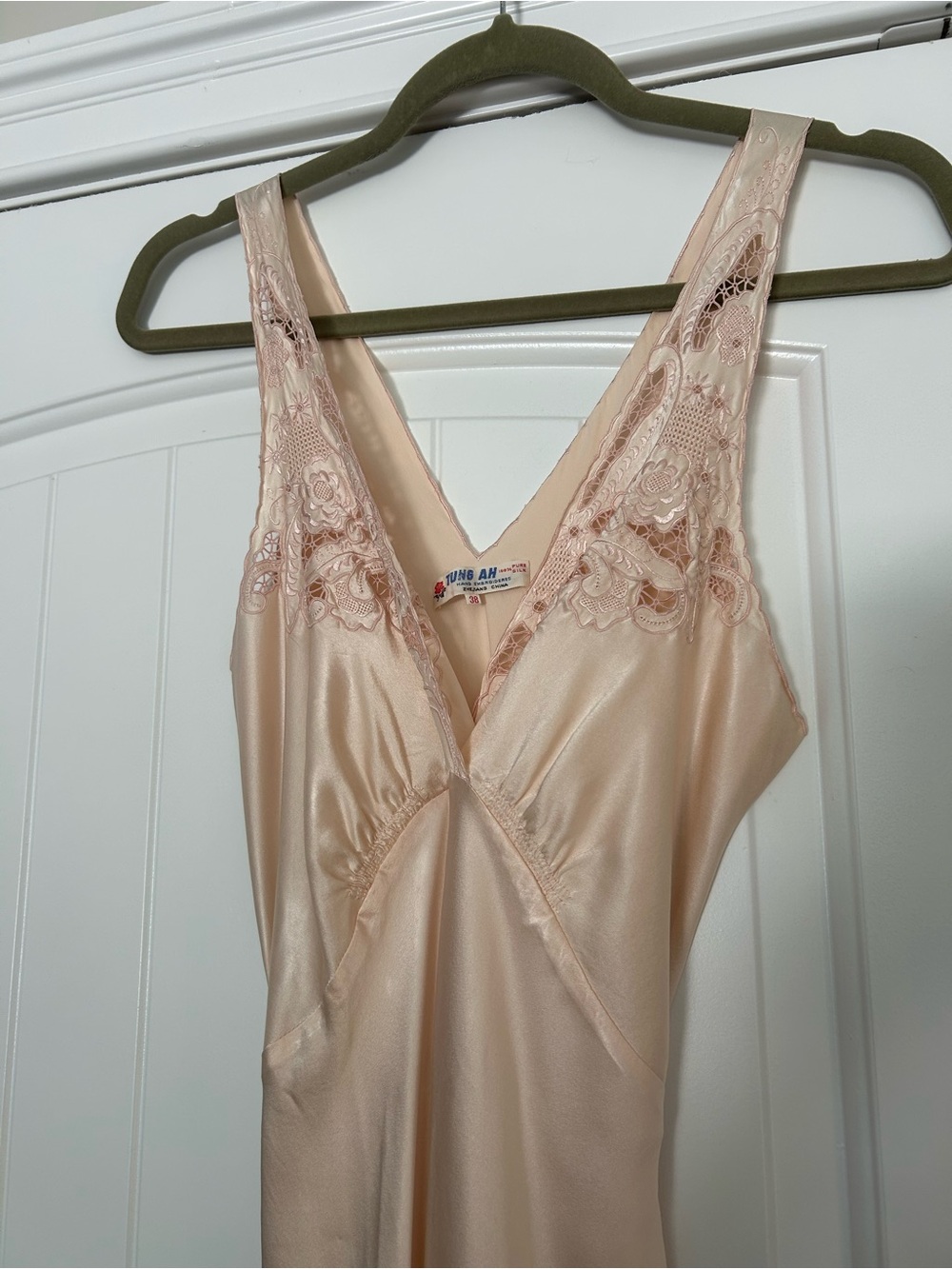 Silk Embroidered Bias Cut Maxi Dress Nightgown Soft Peach - Picture 5 of 11